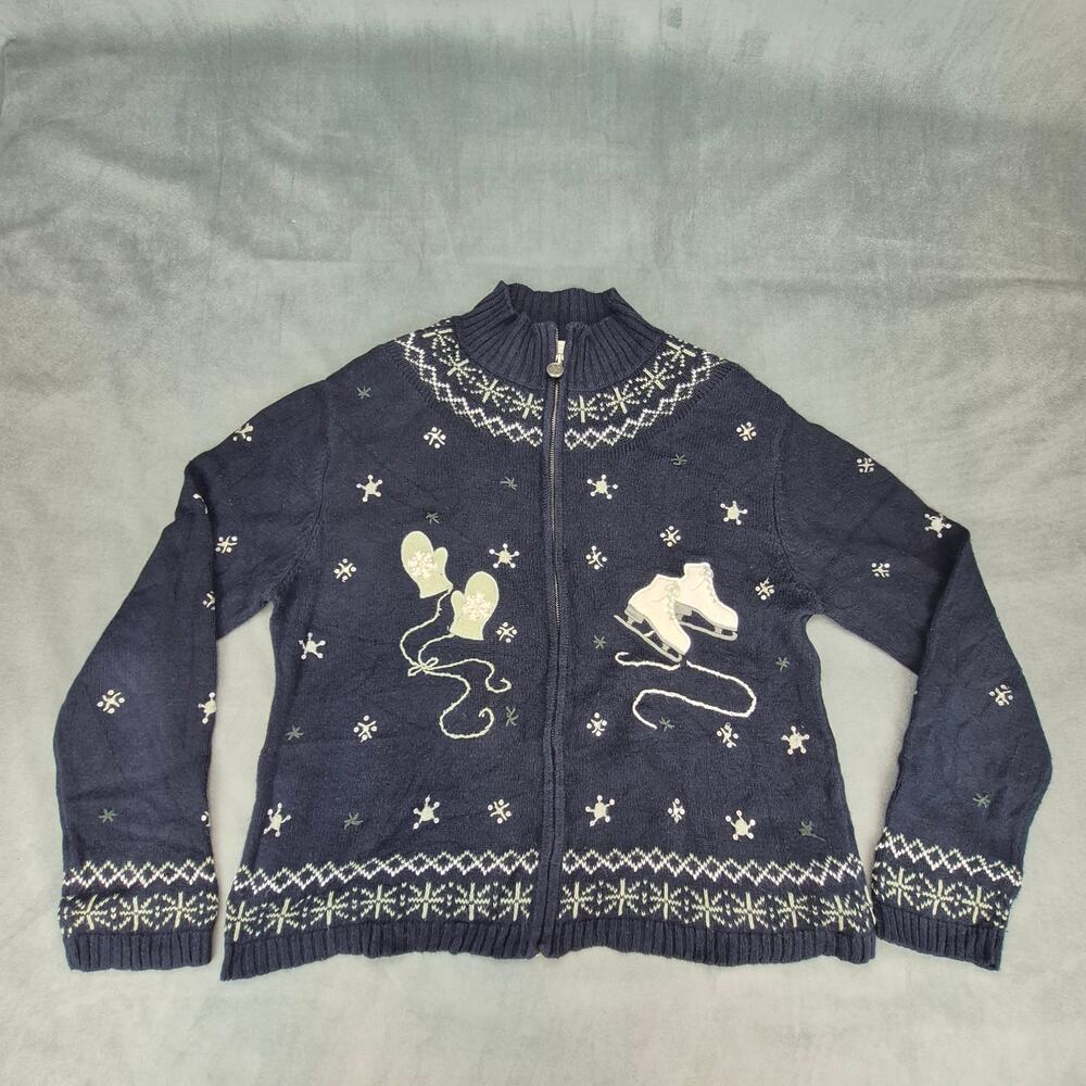 Christopher Banks Hand Embroidered Zip up Jacket Ice Skates Winter Mittens Sz M